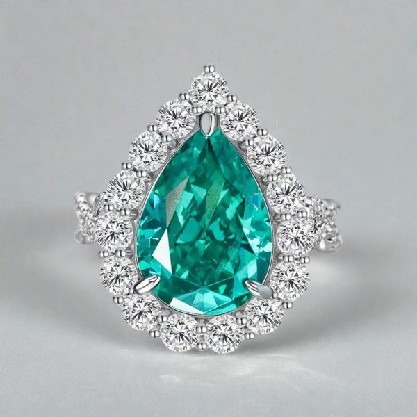 Lab-grown teardrop-shaped Paraiba colored gemstone ring